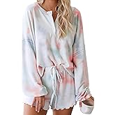 Lopie Womens Lounge Sets 2 Piece Pajamas Set Long Sleeve Tops and Shorts Sleepwear Tie Dye Printed Ruffle Nightwear (Orange, L)