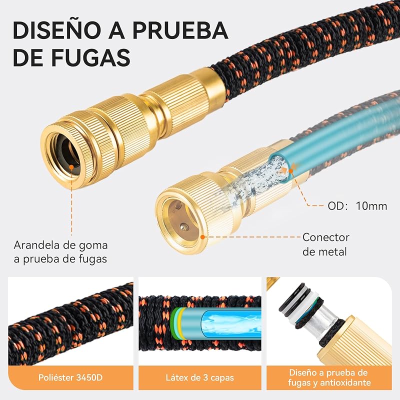 Mangueira de jardim Yofidra 15M/50FT - Mangueira extensível com 10 bicos padrão de pulverização Tecido conector de latão Mangueira de alta resistência 3750D com núcleo de látex de 3 camadas