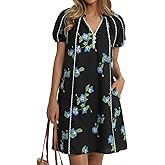Cicy Bell Womens Summer Puff Sleeve Mini Dresses Floral Print Ruffle Button V Neck Dress Loose Fit Patchwork Beach Outfits