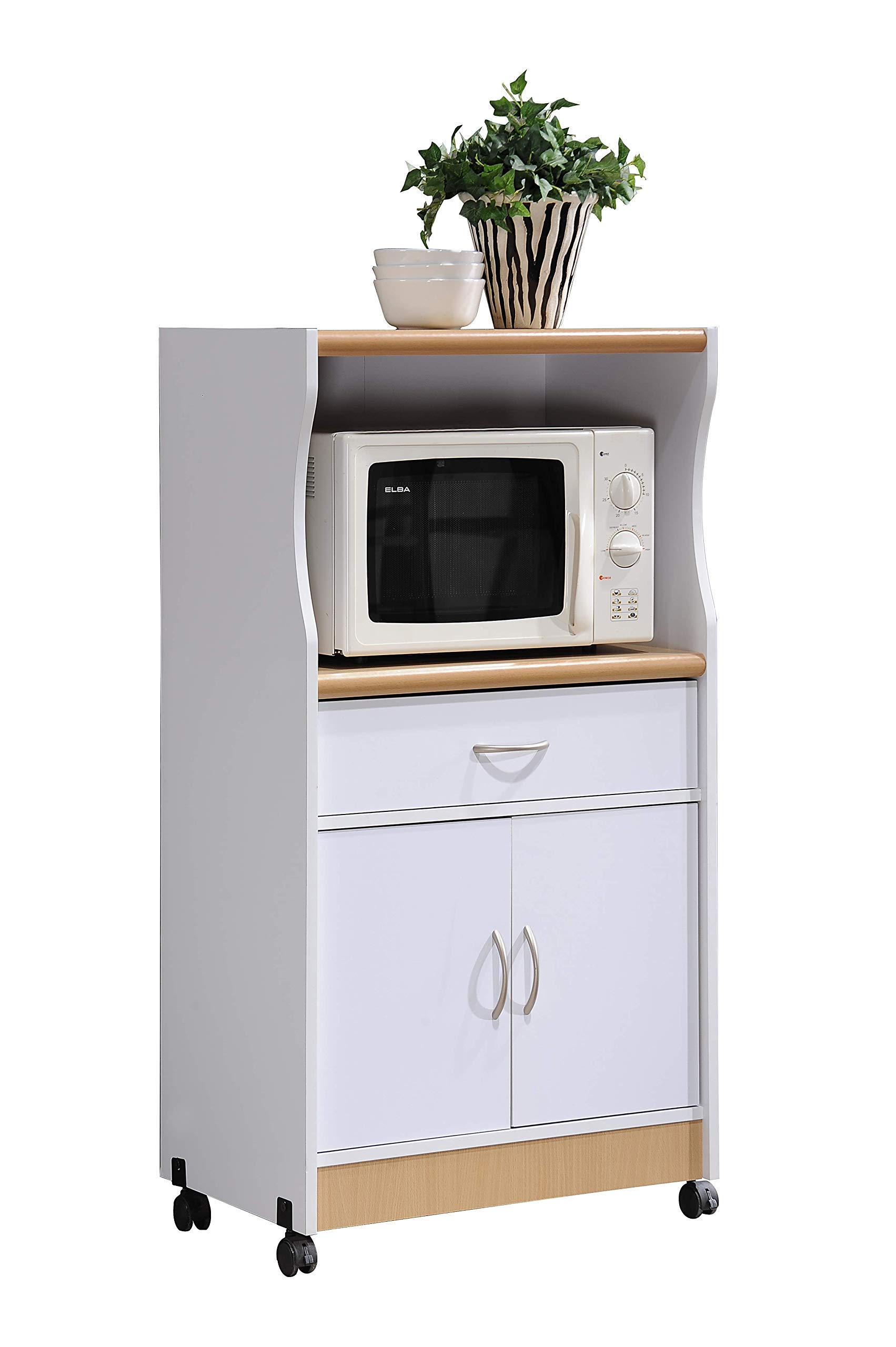 Hodedah Microwave Cart with One Drawer, Two Doors, and Shelf for Storage, White