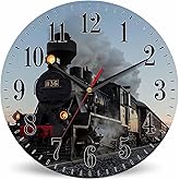 Mxocom Morning Train Wall Clock Old Steam Train Smoke Rairoad Sunrise 10 Inch Silent Non Ticking Battery Operated Clock Vintage Round Clock for Living Room Bedroom Bathroom Office Decor
