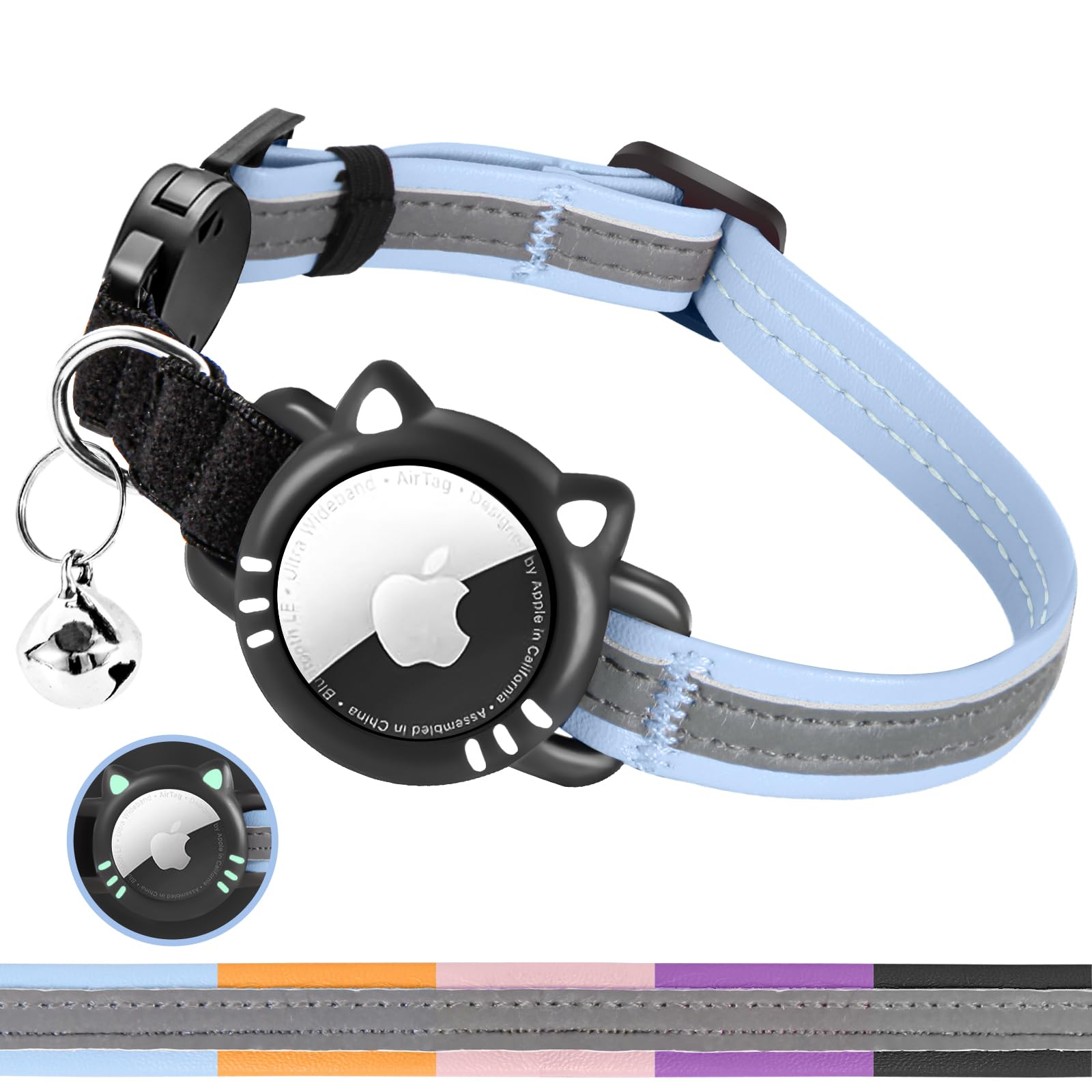 Ytanest Luminous AirTag Cat Collar,Reflective and Breakaway Cat Collar with Apple Air Tag Holder, GPS Tracker Collars with Safety Elastic Band for Cats, Kittens and Puppies, Blue, XS(7-9 Inch)