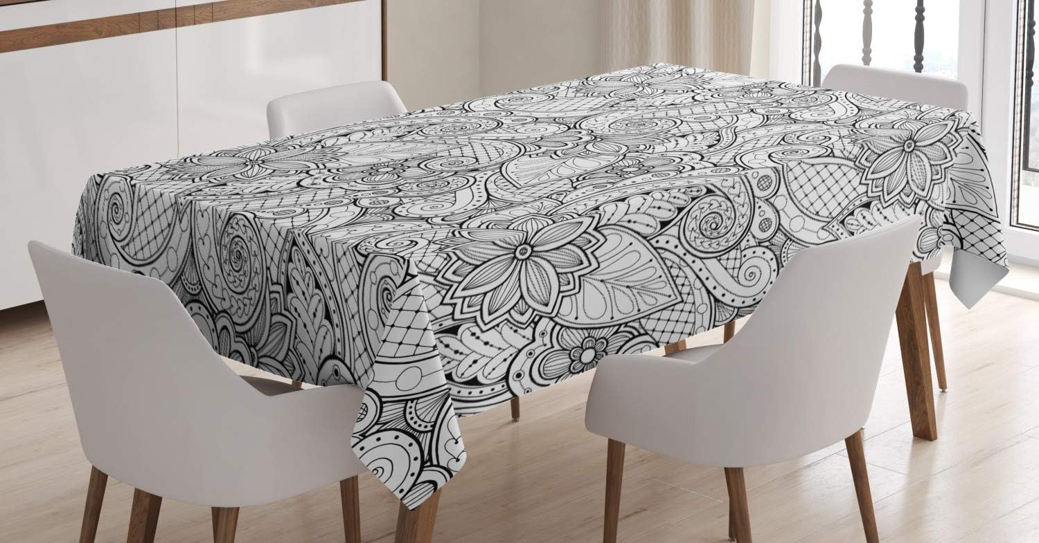 Ambesonne Ethnic Tablecloth, Monochrome Flowers Hearts and Paisley Motifs Nature Doodle with Influences, Dining Room Kitchen Rectangular Table Cover, 60" X 84", White Black