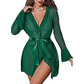 Avidlove Mesh Lingerie Robe Sets for Women Sexy Nightgown Long Sleeve Kimono Ruffle Nighty With Thong