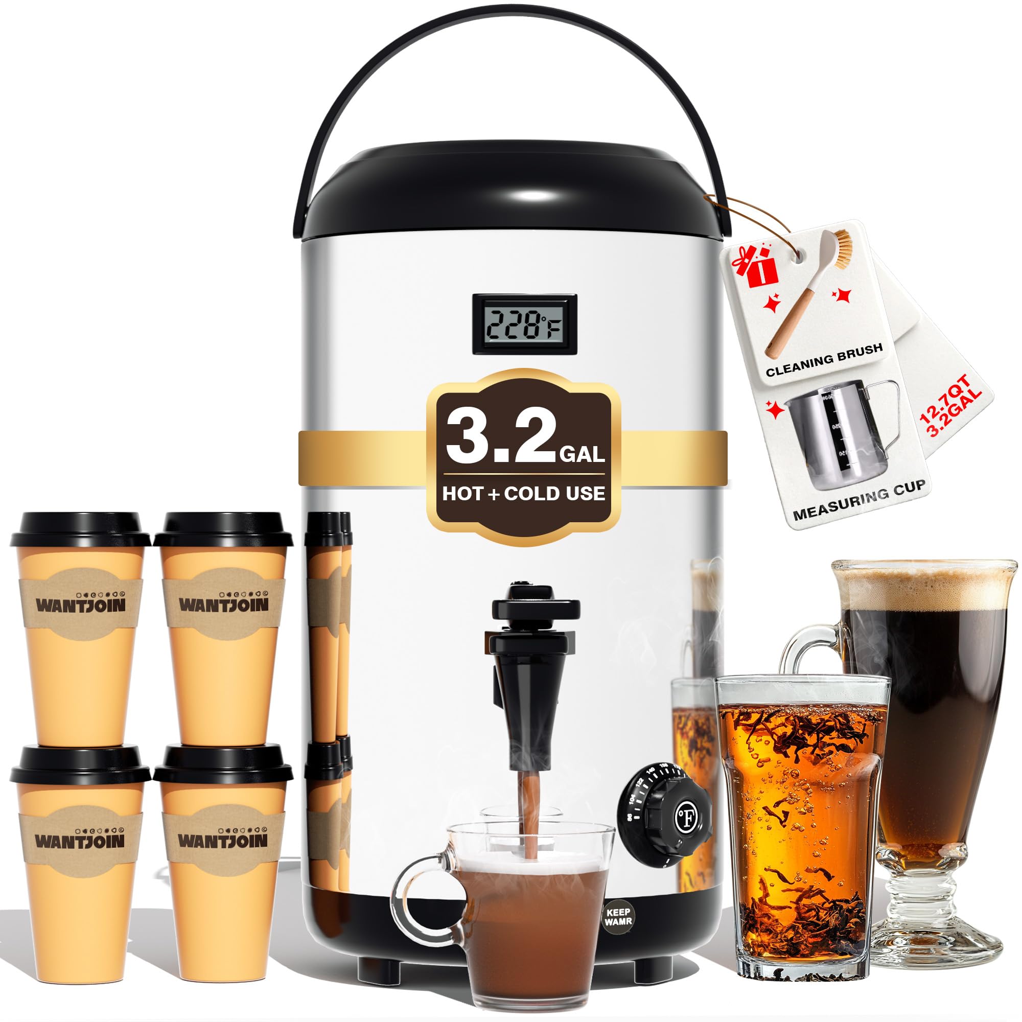 Photo 1 of WantJoin Electric Heating Beverage Dispenser-75 Cup Hot&Cold water Urn-Stainless Steel Premium 12 L/3.2 Gallon Hot Drink Dispenser with Spigot for Coffee & Hot tea,Cold Milk,Water,Juice(Silver)