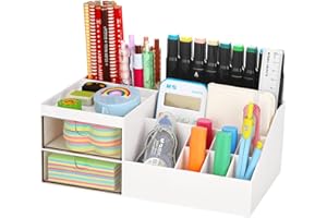 LETURE Office Supplies Desk Makeup Organizer Caddy with Drawer + 6 Sticky Notes, White 13 Compartments, Desktop Accessories Organizer for Office, Home