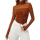 Bridesmay Womens Sparkly Mesh Long Sleeve Tops See Through Shirts Mock Neck