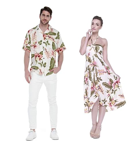 Couple Matching Hawaiian Luau Party Outfit Set Shirt Dress in