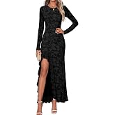 MEROKEETY Womens Formal Long Sleeve Maxi Dresses Fall Wedding Guest Dress | Floral Cocktail Dress, Asymmetric Ruffle Hem, High Slit, Ruched Waist, Bodycon, Double Lined, Western Dress, Rehearsal Bride