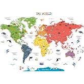 HomeEvolution Kids Educational Peel &amp; Stick World Map Wall Decals Stickers | Removable, Children Nursery Bedroom Living Room Classroom D&eacute;cor, Large Wall Art, Countries, Flags, Landmark, Animals &amp; Oceans