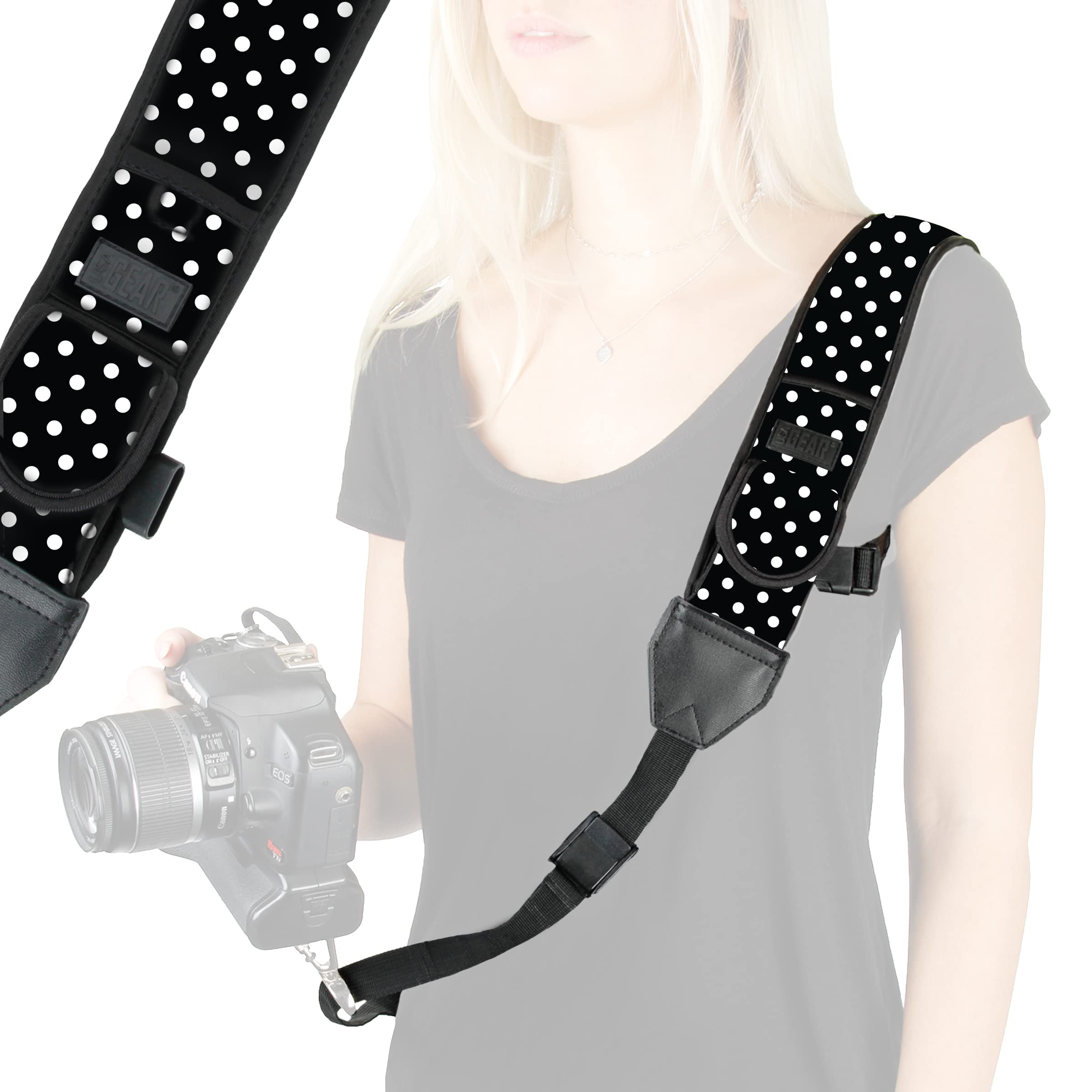 USA Gear DSLR Camera Strap with Adjustable Shoulder Sling in Neoprene, Accessory Pocket and Quick Release Safety-Compatible with Canon, Fujifilm, Nikon, Olympus, Panasonic, Pentax, Sony, etc-Polka Dot