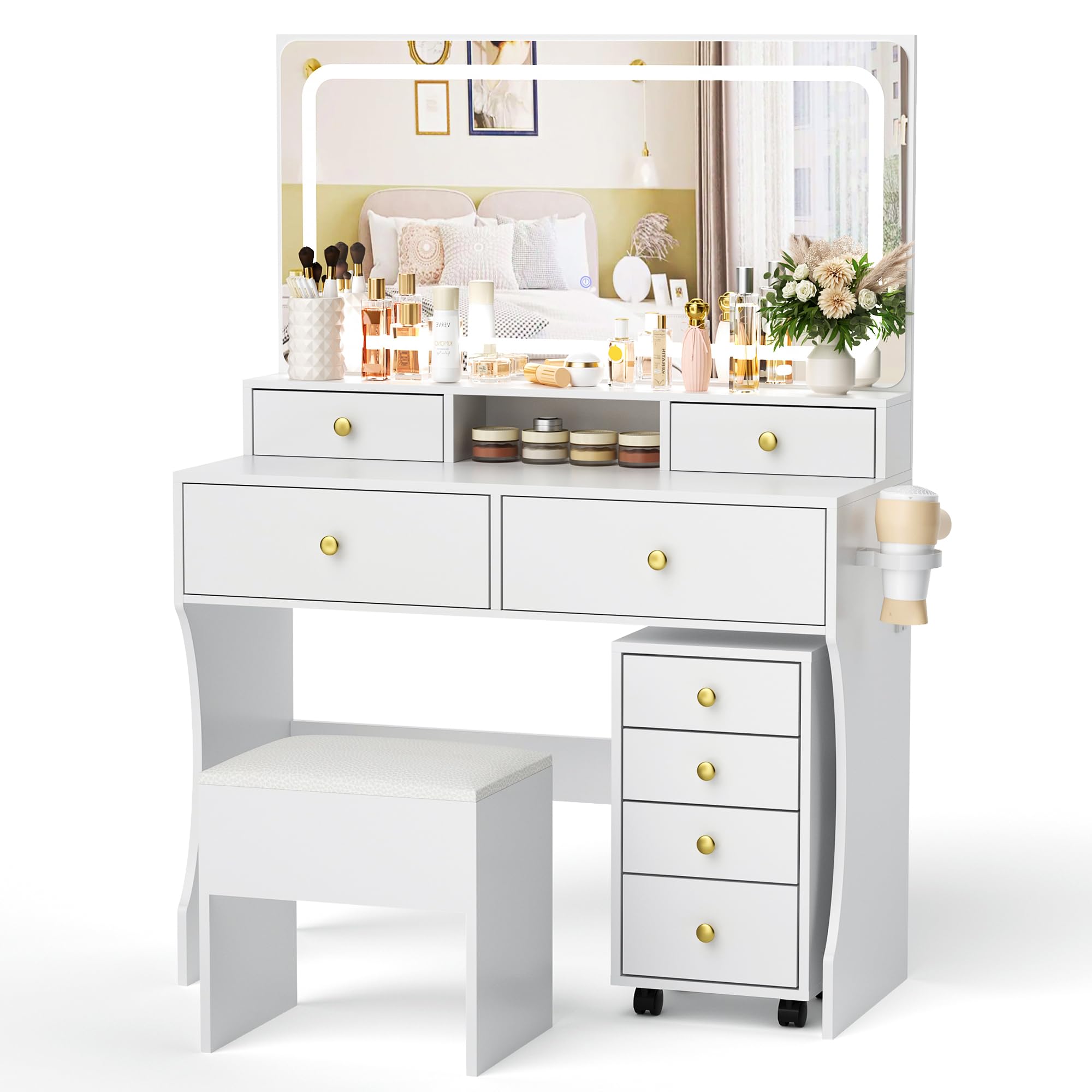 Photo 1 of **MINOR DAMAGE TO CORNER**Pamapic Mobile File Cabinet Vanity Desk with Mirror and Lights, 8 Drawers Makeup Vanity Desk with Lights and Upgraded Silent Slides, 3 Lighting Modes Makeup Vanity with Charging Station, White