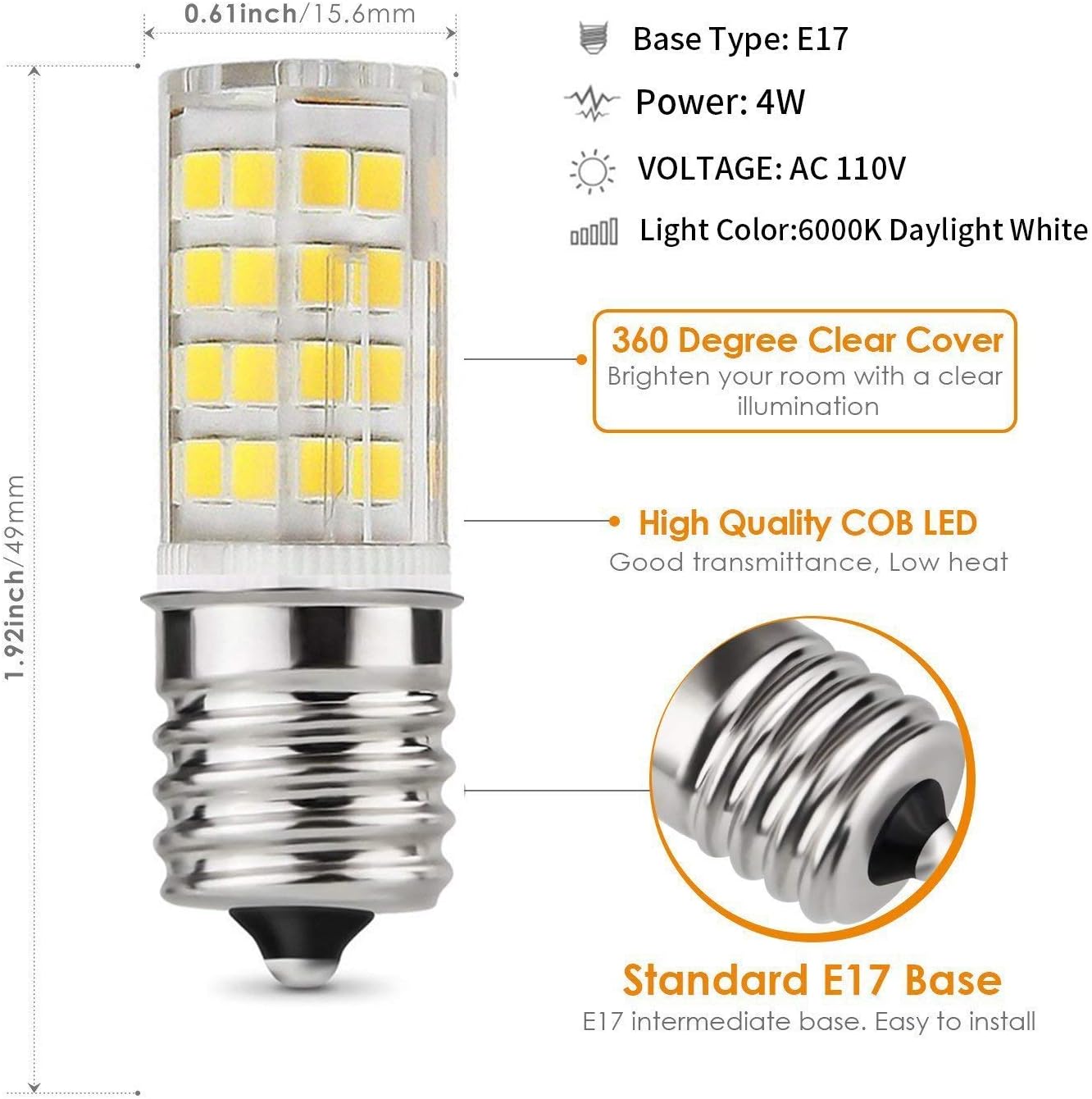 E17 LED Bulb, Microwave Oven Light 5 Watt Daylight White 6000K dimmable 52x2835SMD AC110-130V (Pack of 2) (Daylight White 6000K) - - 