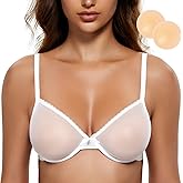 Wingslove Women's Sexy Lace Sheer See Through Bra Unlined Underwire Support Mesh Bras Non Padded with Silicone Nipples
