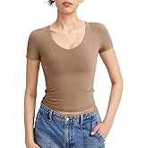 PUMIEY Women's V Neck Short Sleeve T Shirts Slim Fit Going Out Tops Sexy Basic Tee Sharp Collection