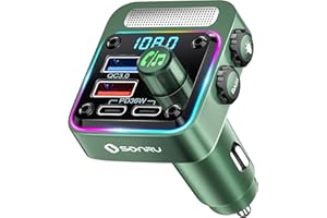 Bluetooth 5.3 FM Transmitter Car Adapter - SONRU Car Charger 54W [PD 36W & QC3.0 18W], Wireless FM Radio Transmitter [HiFi Treble & Bass Player], 5 Colors LED Backlit, Hands-Free Calling, U-Disk