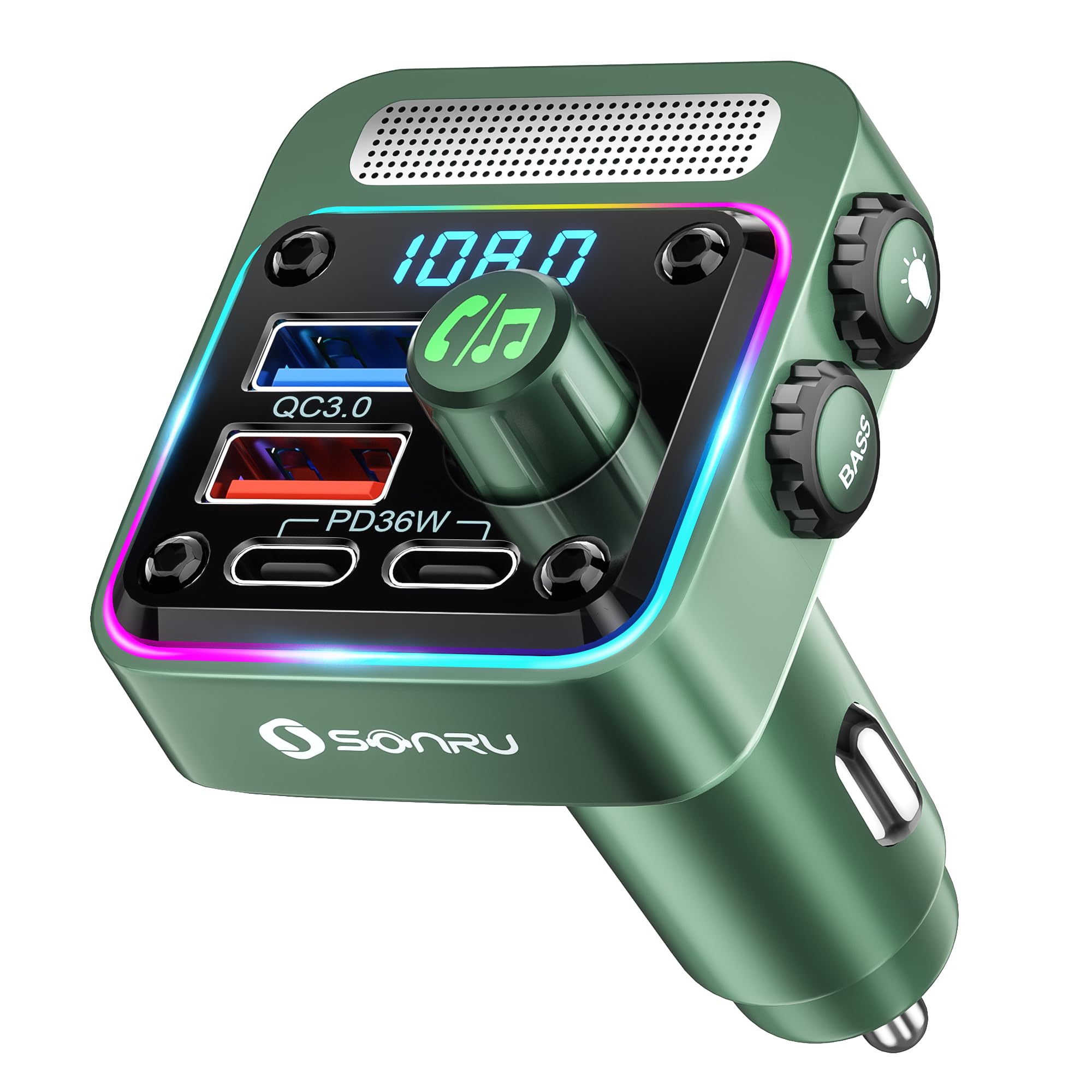 Photo 1 of Bluetooth 5.3 FM Transmitter Car Adapter - SONRU Car Charger 54W [PD 36W & QC3.0 18W], Wireless FM Radio Transmitter [HiFi Treble & Bass Player], 5 Colors LED Backlit, Hands-Free Calling, U-Disk