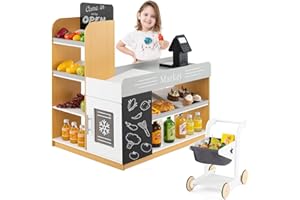 HONEY JOY Kids Grocery Store Playset, Wooden Play Store with Shopping Cart, Toddler Supermarket Checkout Stand w/Blackboard, Display Shelves, Grocery Store Pretend Play, Gift for Boys Girls, Natural