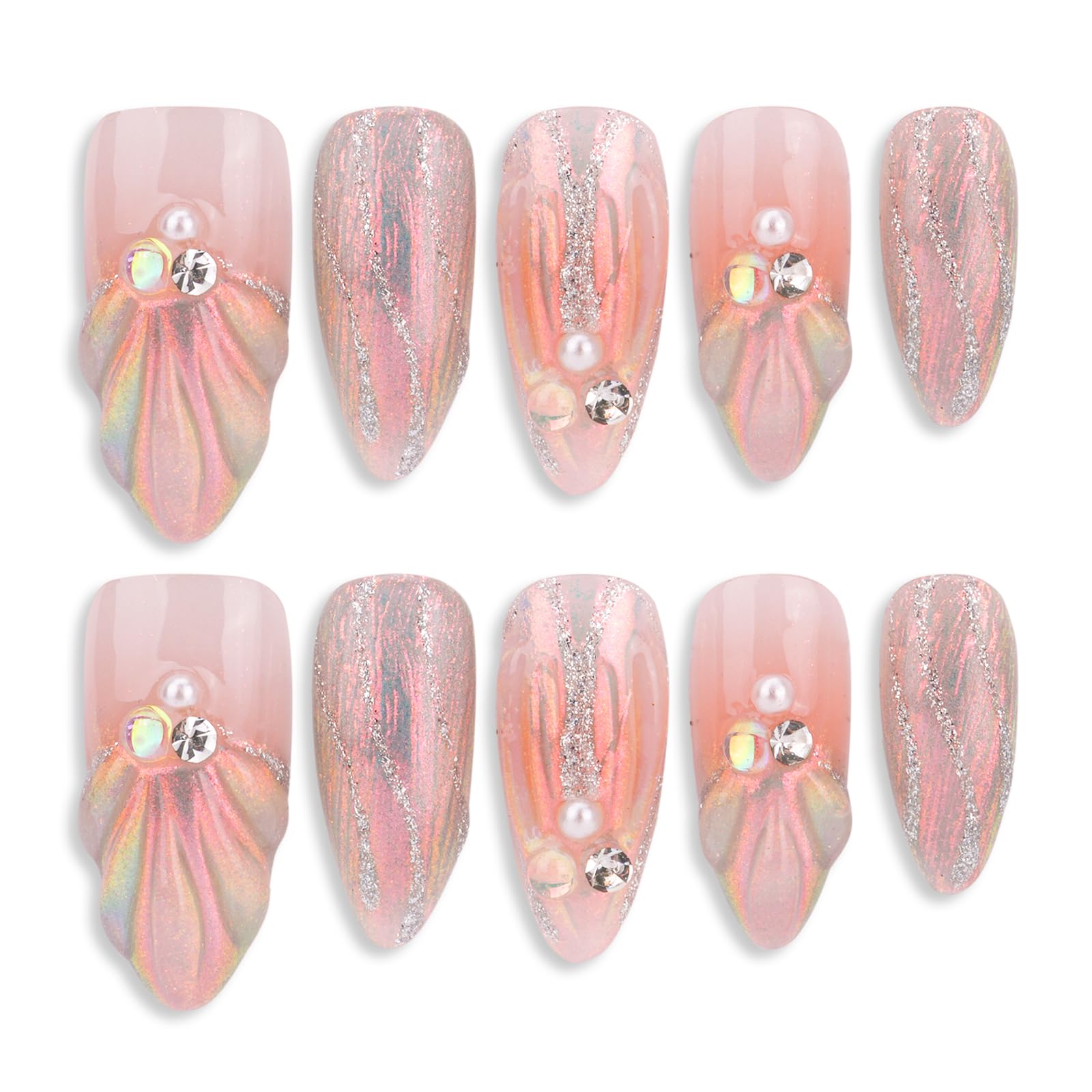 Handmade Press On Nails, ATIMORY 3D Mermaid Aura Shell Press-On Nail, Medium Long Almond Oval False Nail Tips Almond False Nails 10 Pcs Reusable with Nail Tool (L)