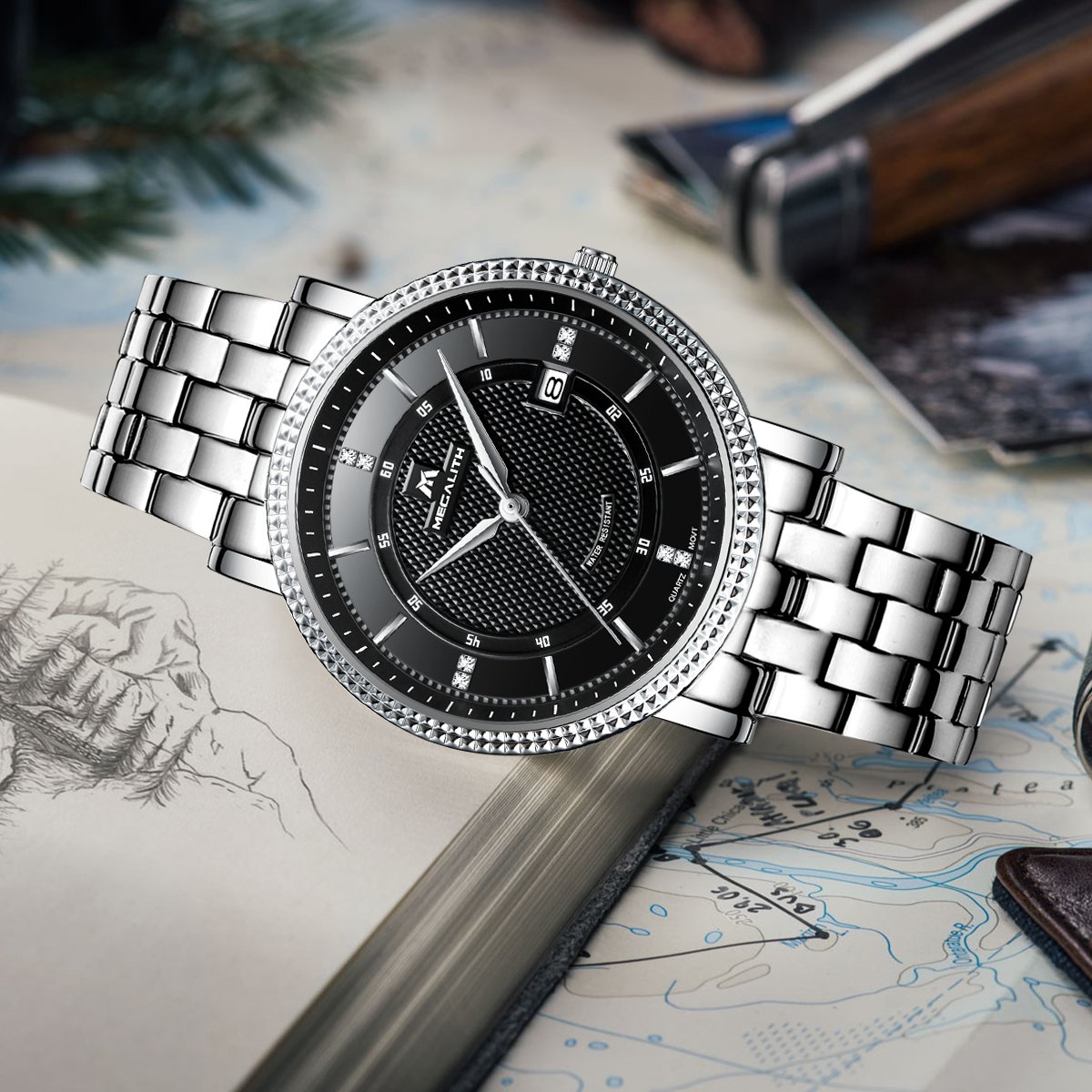 Mens Black Wrist Watches Men Waterproof Silver Stainless Steel Watches Date Luxury Thin Watch for Men