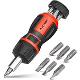 HAUTMEC 7-in-1 Stubby Ratcheting Screwdriver Set, Ratchet Short Screwdriver Set with Multi Bit Screw Driver Tool All in One, Chrome Vanadium Steel Shaft 3PCS Phillips and 3PCS Slotted
