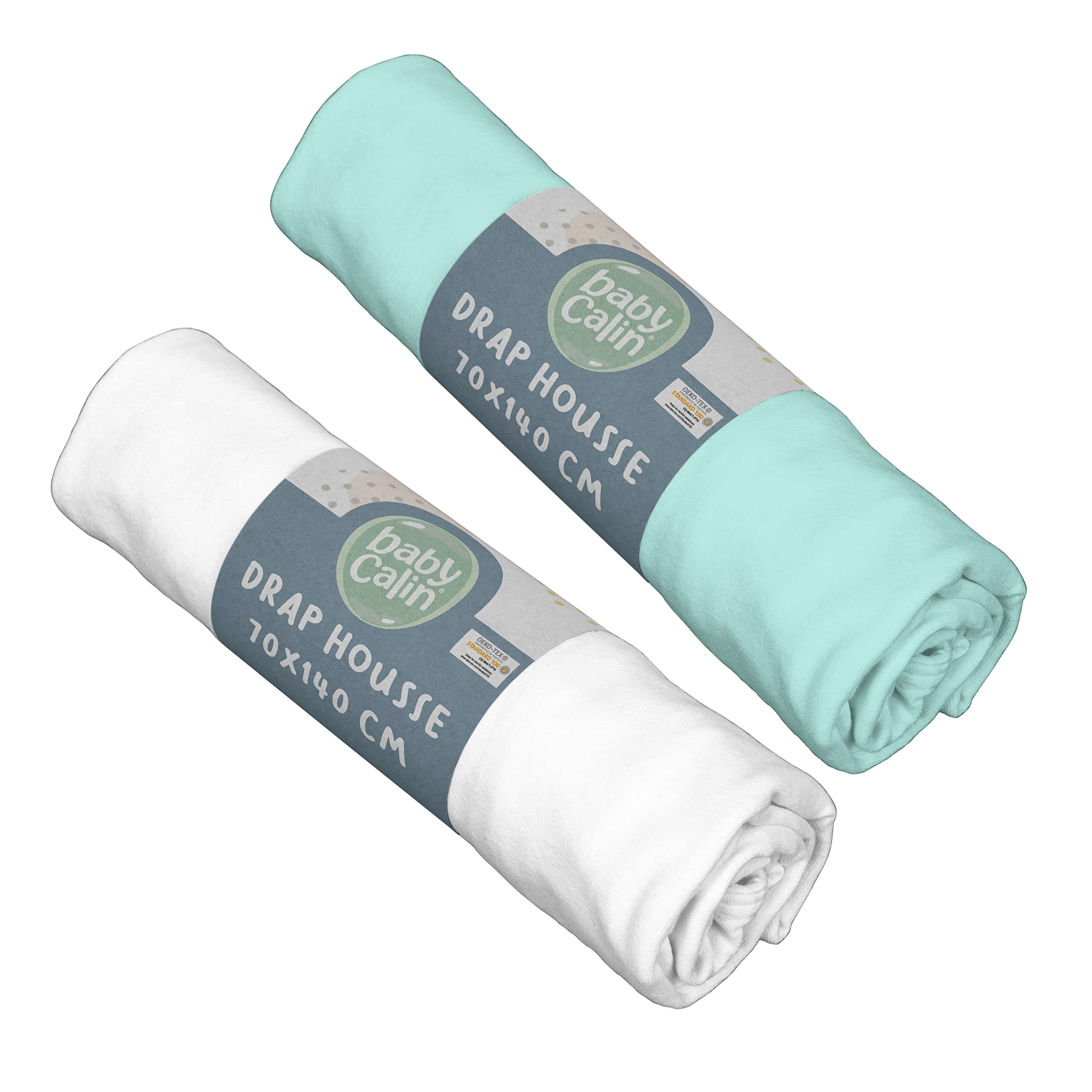 BabyCalin Set of 2 Fitted Sheets White/Turquoise 70 x 140 cm