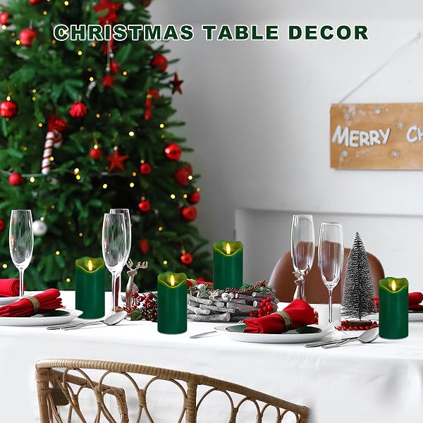 VEEKI FLAMELESS CANDLES LIGHT, SET OF 2 6″X3″ FLICKERING CHRISTMAS FLAMELESS CANDLES WITH REMOTE & TIMER, DIMMABLE REAL WAX PILLAR CANDLES BATTERY OPERATED, GREEN CANDLES FOR HOME XMAS DECOR (GREEN)