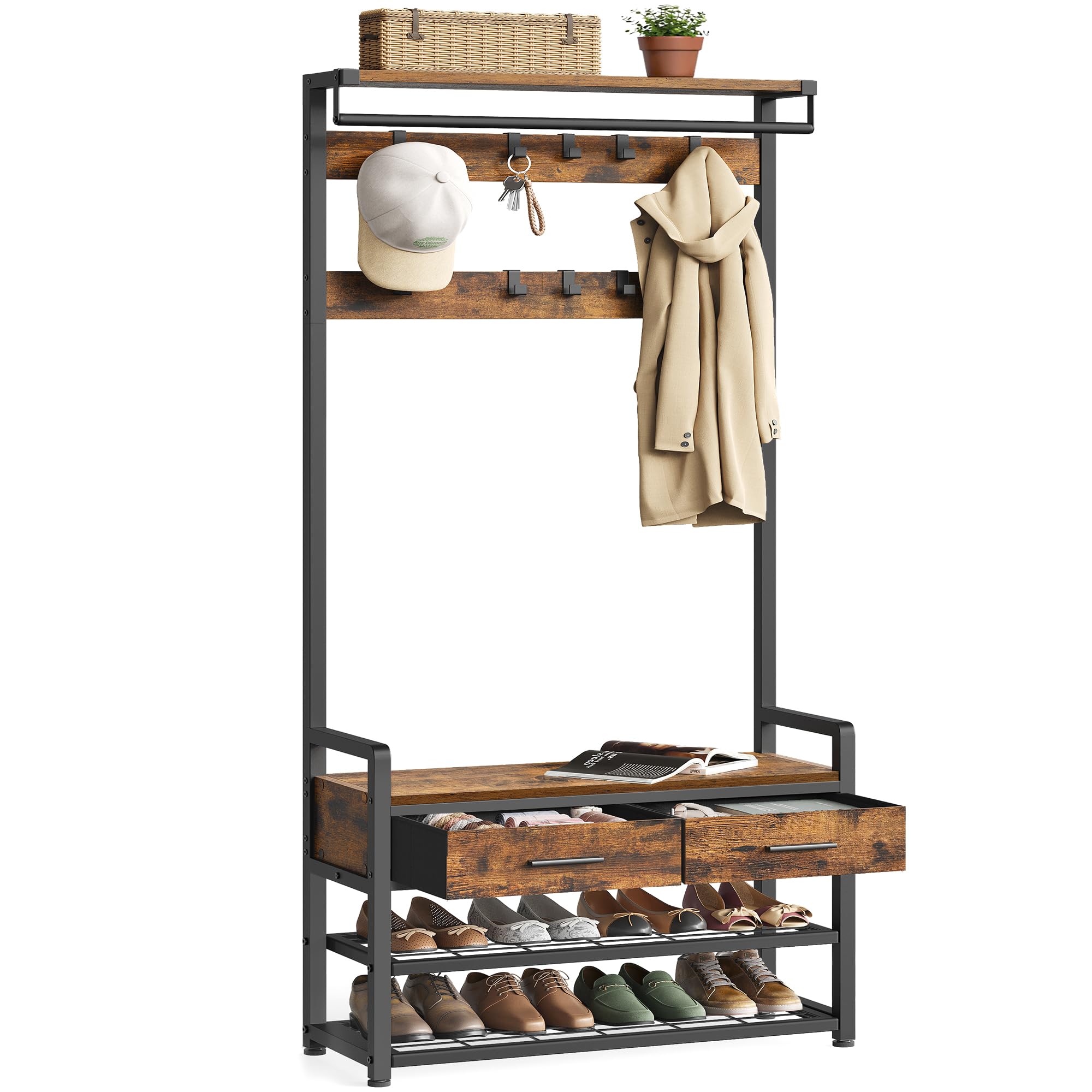 Photo 1 of ***The color may vary****
VASAGLE Hall Tree with Bench and Shoe Storage, Entryway Coat Rack with Shoe Bench, 2 Fabric Drawers, 10 Hooks, 11.8 x 31.7 x 71.5 Inches, Vintage Brown and Ink Black UHSR429B01