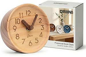 Driini Wooden Desk & Table Analog Clock Made of Genuine Pine (Light) - Battery Operated with Precise Silent Sweep Mechanism