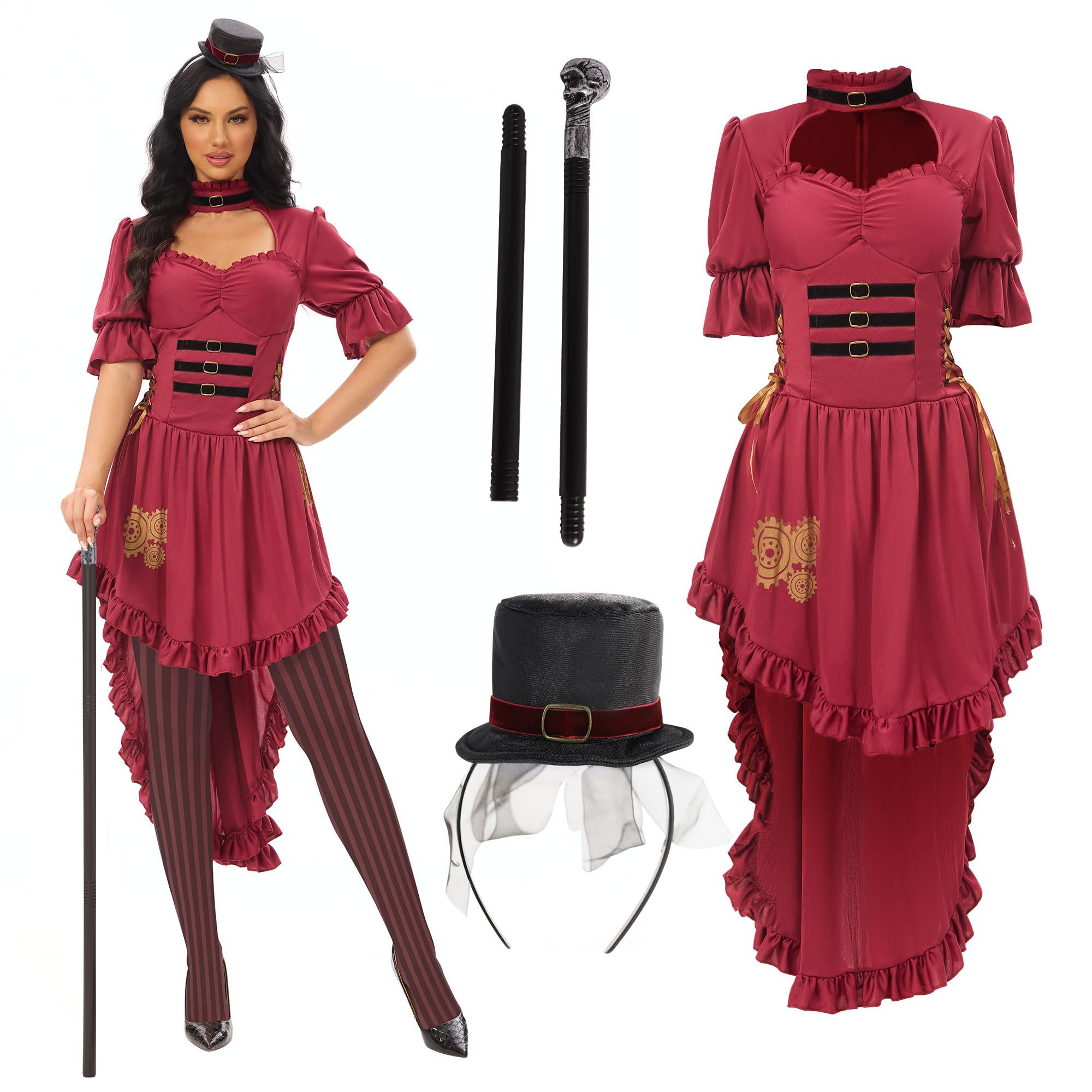 Photo 1 of Joyful Start Steampunk Costume for Woman Set, Renaissance Steampunk Costume Women with Magic Wand and Hat, Steampunk Costume Outfit Women S