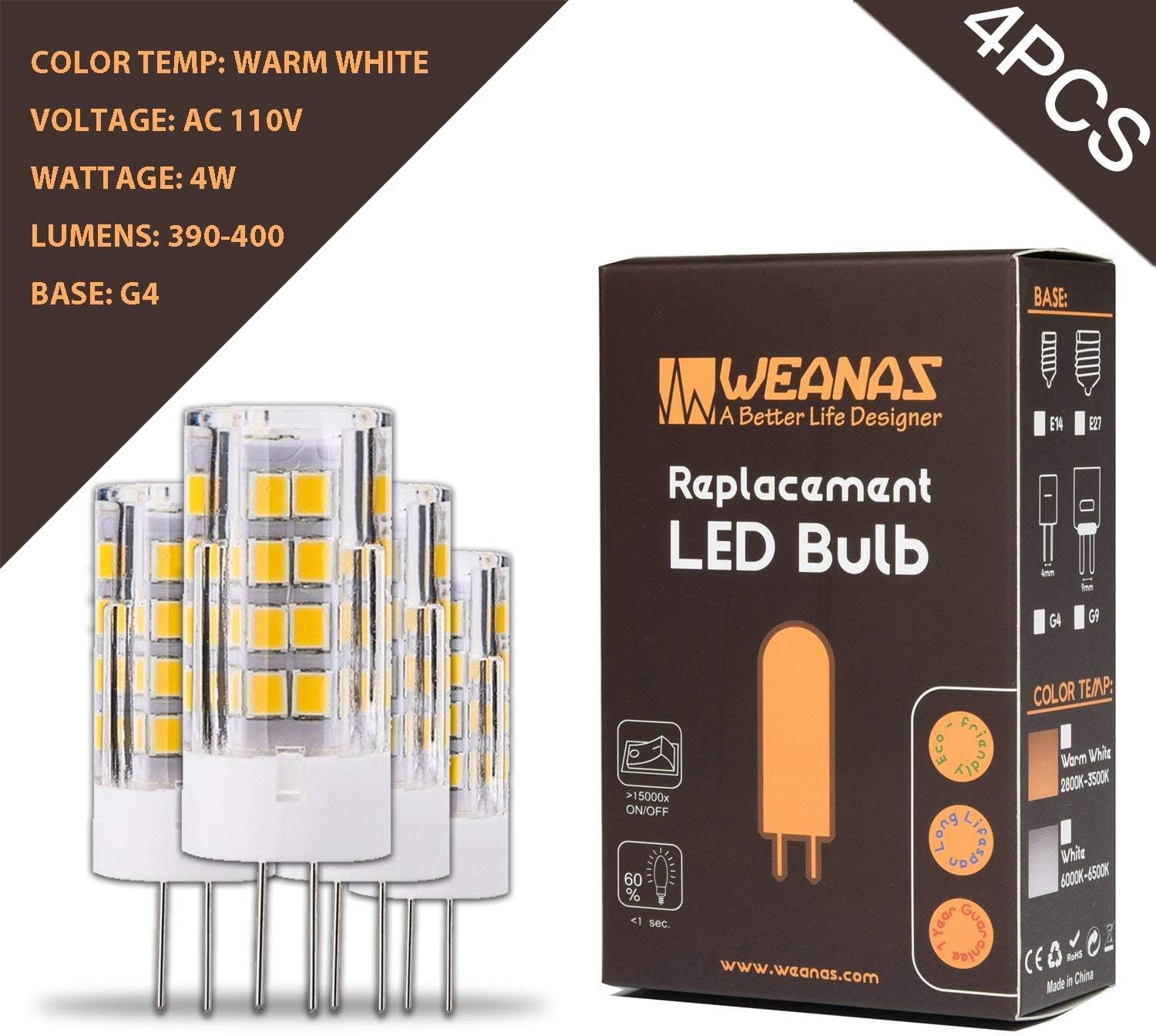 Weanas 4x G4 Base 51 LED Light Bulb Lamp 2835 SMD 4 Watt AC 110V High Voltage Ceramic Base Plastic Shell Undimmable Equivalent to 25W Halogen Track Bulb Replacement 360° Beam Angle (Warm White)