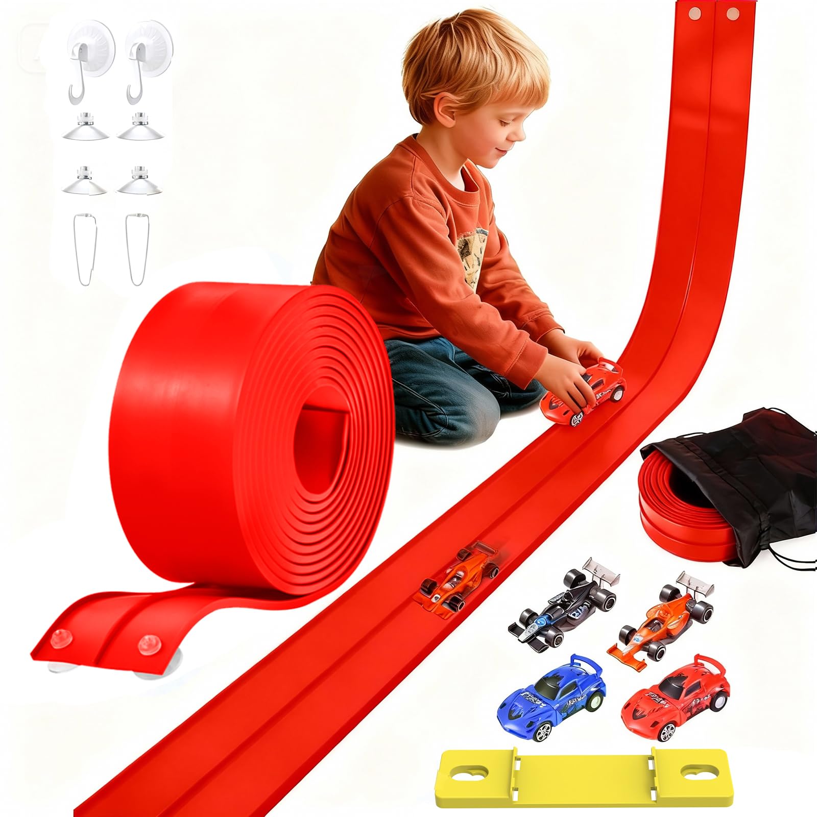 Photo 1 of 20 Ft Flexible Race Track for Kids, Anti Gravity Car Track Set, Flex Race Car Ramp Track with Suction Cups & 360° Fixed Groove- Rolls Up Portable DIY Race Track with Storage Bag (red)