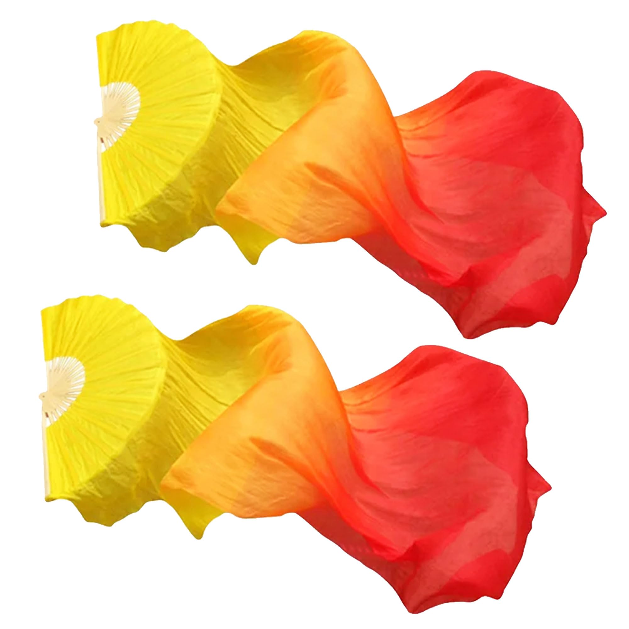 Hayaww 1 Pair of Fan Veils Belly Dance, Belly Dance Veil Fans Veil Long Compartments Belly Dance Bamboo Fan Veil Dance Veil, 1.8 m, for Large Performances, Rehearsals (Yellow + Red)