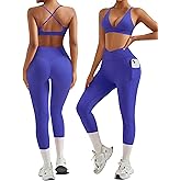 RXRXCOCO 2 Piece Workout Sets for Women Strappy Sports Bra Booty Leggings with Pockets Yoga Gym Outfits