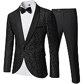 YND Men's 2 Piece Slim Fit Suit Set, One Button Shawl Lapel Floral Pattern Party Blazer, Jacket Pants with Bow Tie