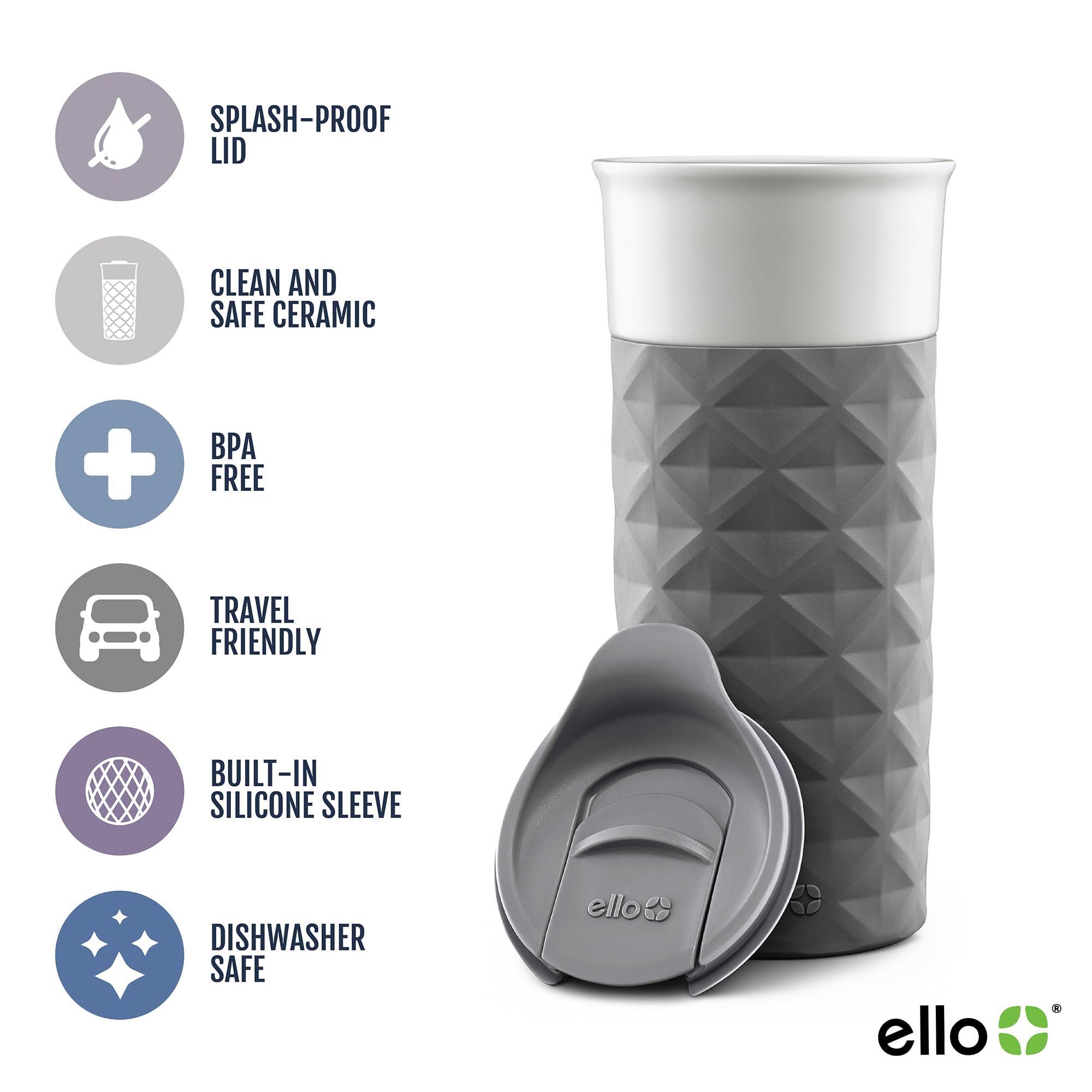 Ello Ogden Ceramic Travel Mug with Splash-Resistant Slider Lid and Protective Silicone Boot, Perfect for Coffee or Tea, BPA Free, Dishwasher Safe, Gray, 16 oz, 758-0438-040