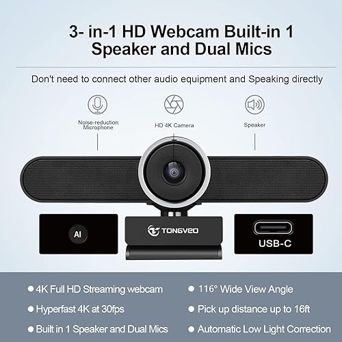 4K Webcam Conference Call TV Room Web Camera with Dual Microphones  &Speaker, All-in-One USB Video Camera, 11
