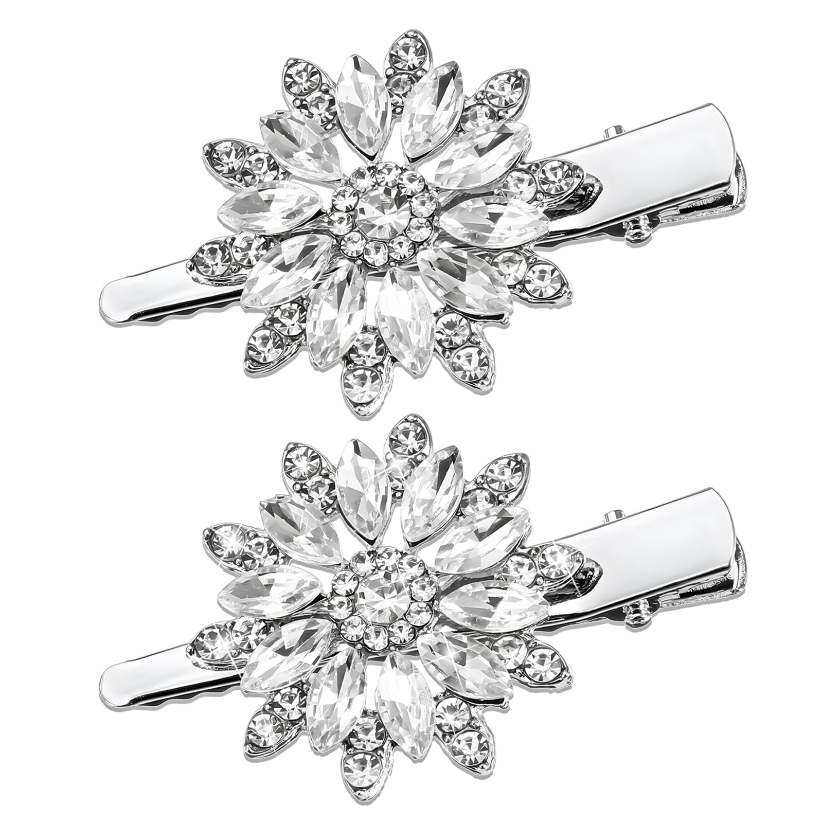 Xinjoduz 2 PCS Sparkly Rhinestone Hair Clips for Women, Silver Crystal Metal Alligator Clips Floral Duckbill Hair Clips Bling French Fancy Hair Barrettes for Women Girls Hair Jewelry Accessories