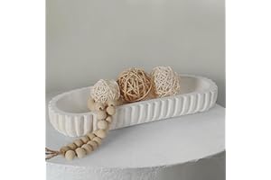 Oakrain Wooden Decorative Bowl, Dough Bowl for Home Decor, Unique Asymmetric Centerpiece Bowl with Hand Carved Vertical Stripes, Home Decor Accents for Farmhouse Boho Rustic Style (15.7"x 6.3" White)