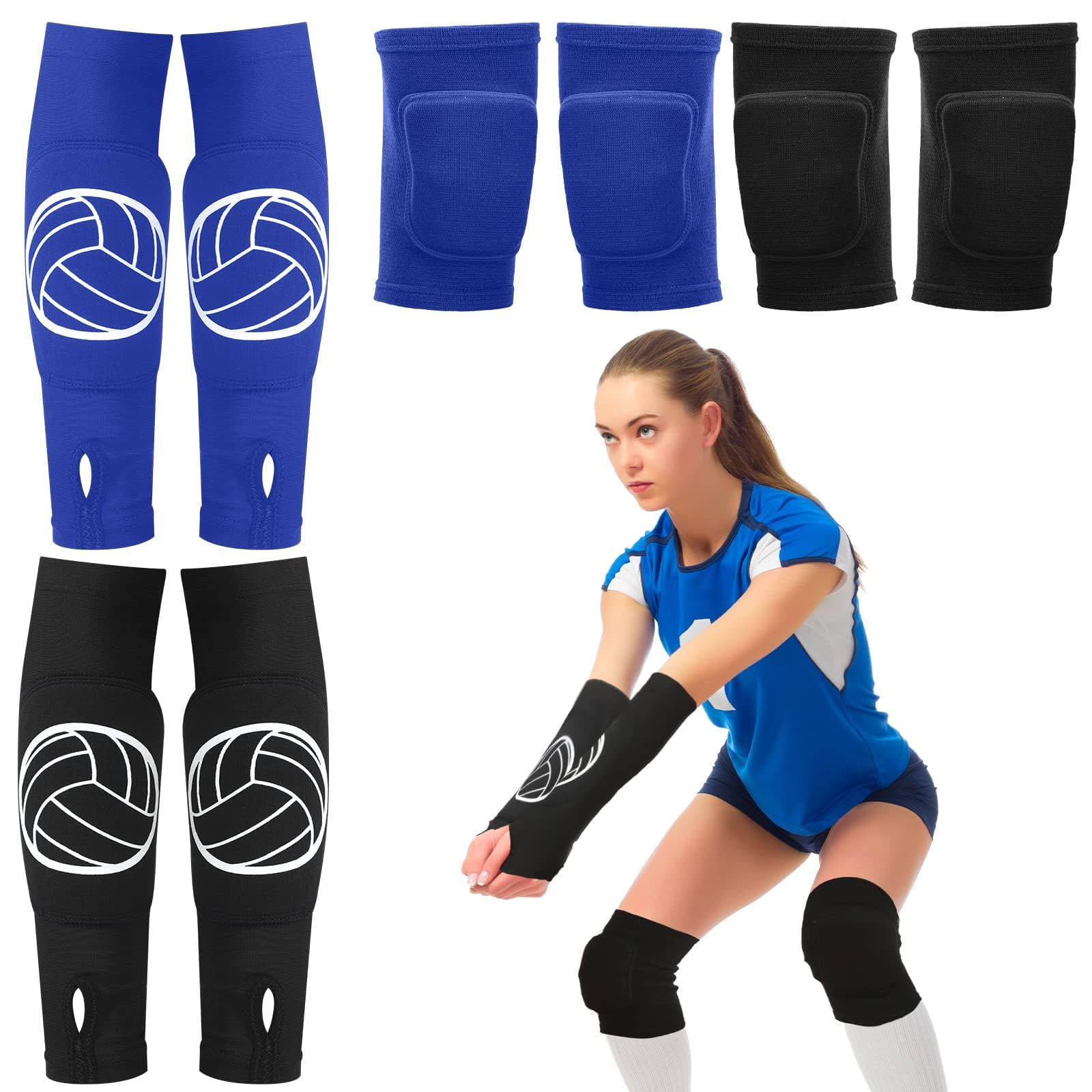 Photo 1 of Sosation 2 Set Volleyball Knee Pads and Volleyball Arm Sleeves with Protection Pad Compression Forearm Wrist Guard with Thumb Hole Soft Breathable for Hitting Passing(Black, Blue)