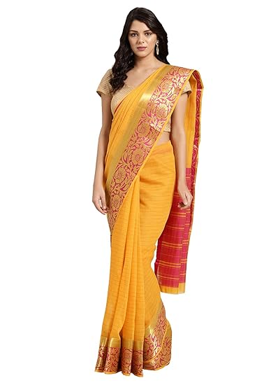 Poly Cotton Yellow Woven Womens Saree
