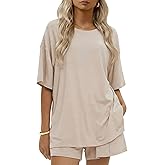 Ekouaer Womens 100% Cotton 2 Pieces Short Sets Summer Short Sleeve Outfits Casual Matching Lounge Set with Pockets