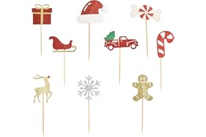 HOKPA Christmas Cupcake Toppers, 36 Pcs Glitter Snowflake, Santa Hats, Christmas Tree, Deer, Gingerbread Man, Muffin Cupcake Picks for Christmas Xmas Party Favor
