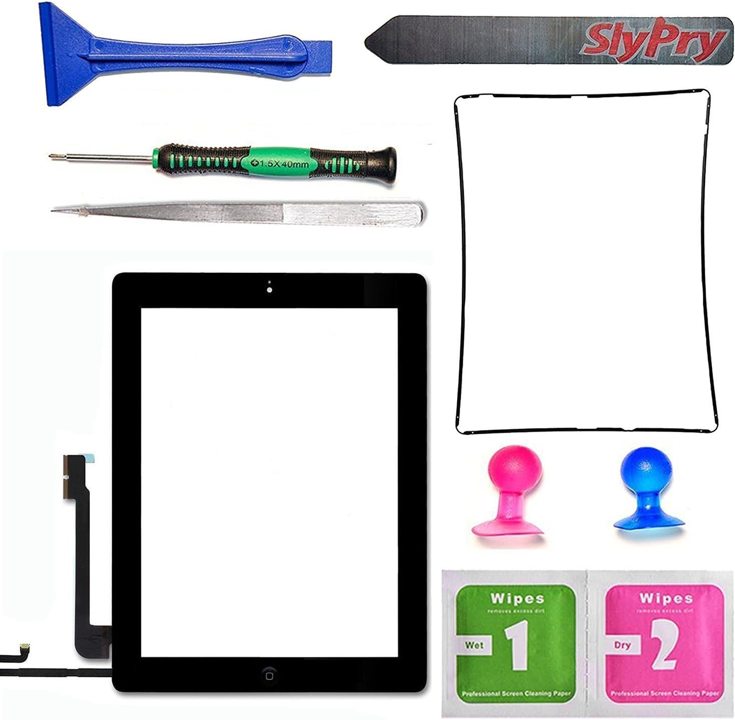 Prokit Adhesive Black Ipad 4 Digitizer Touch Screen Front Glass Assembly - Includes Home Button + Camera Holder + Frame Bezel + Preinstalled Adhesive + Cleaning Kit with Slypry Premium Tool Kit