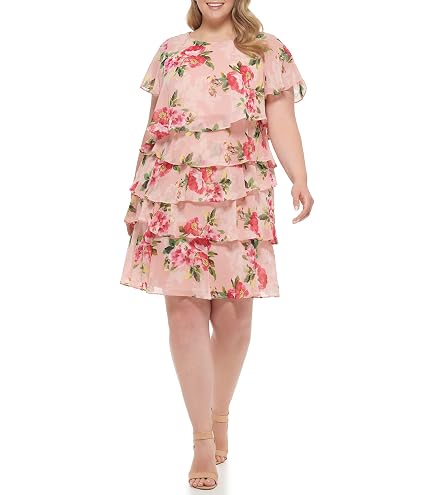 Jessica Howard Women's Petite Printed Foil Chiffon Tiered- Cocktail Or Party Dress, Pink : Clothing, Shoes & Jewelry