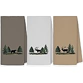 MKIJUHB Green Forest Bear Deer Moose Kitchen Dish Towels, Gifts for Wildlife Bear Deer Moose Lovers, Rustic Farmhouse Cabin Nature Wild Animal Decorative Hand Towels for Bathroom, 16x24 Inch Set of 3