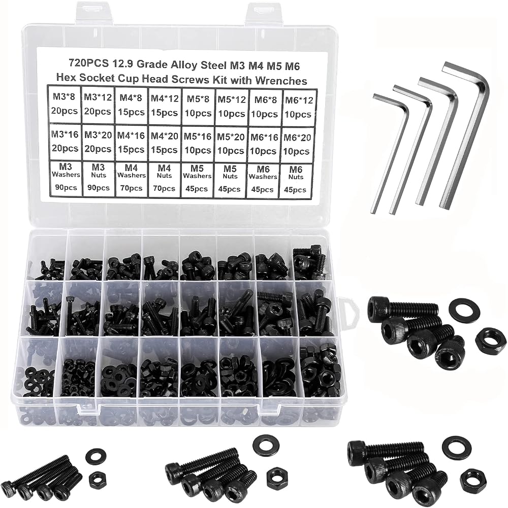 FandWay 720Pcs Bolts Nuts Set M3 M4 M5 M6 Hex Socket Cap DIN912 12.9