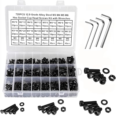 FandWay 720Pcs Bolts Nuts Set M3 M4 M5 M6 Hex Socket Cap DIN912 12.9