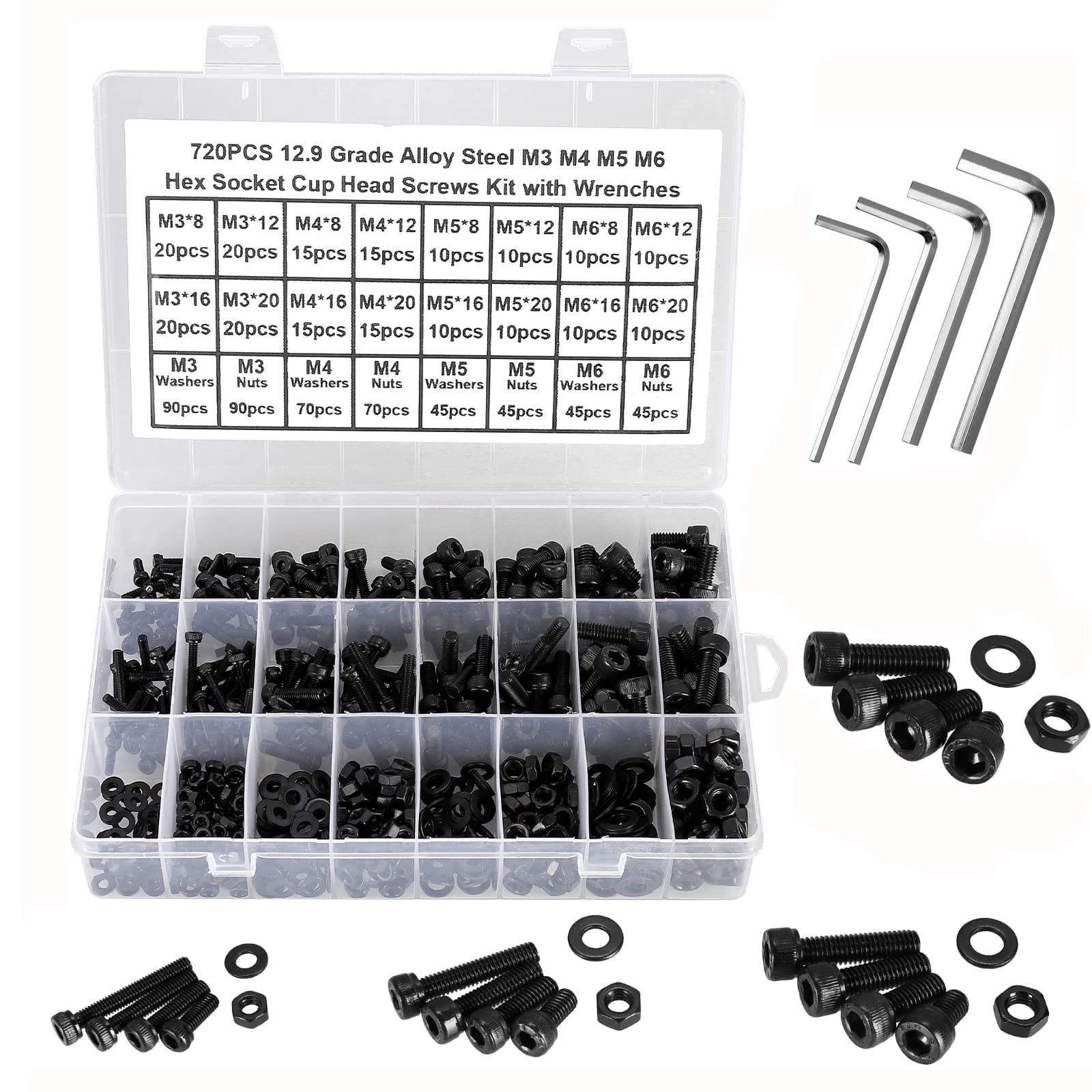 FandWay 720Pcs Bolts and Nuts Set,M3 M4 M5 M6 Hex Socket Cap Head Machine Screws,DIN912 Allen Screws,Black Hex Bolts and Washers Set 12.9 Grade Alloy Steel Fully Threaded With 4 Allen Key.