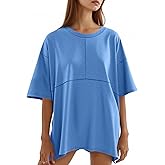 Tankaneo Womens Oversized Crewneck Shirts Short Sleeve Off The Shoulders Tops Curved Hem Tshirt